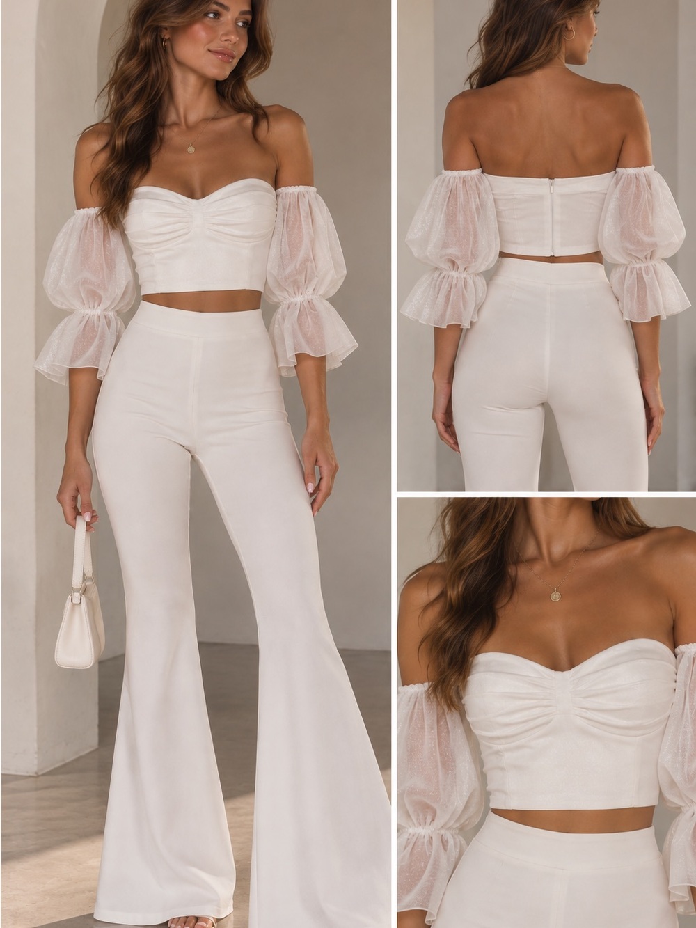 Off-Shoulder White Crop Top & High-Waist Flare Pants Set